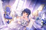  1girl bare_shoulders blue_hair blunt_bangs blush bouquet bridal_veil collarbone dark_blue_hair dress dutch_angle holding holding_bouquet idolmaster idolmaster_cinderella_girls idolmaster_cinderella_girls_starlight_stage indoors jewelry looking_at_viewer mirror necklace off-shoulder_dress off_shoulder official_art pearl_necklace plant potted_plant red_eyes sajo_yukimi see-through see-through_sleeves shoes sidelocks smile solo unworn_shoes veil wedding_dress white_dress 