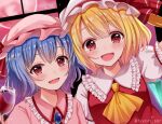  2girls ascot blonde_hair blue_hair blush collared_shirt cup dot_nose drinking_glass dutch_angle fang flandre_scarlet frilled_sleeves frills glass hat hat_ribbon jewelry looking_at_viewer mary_janes mob_cap multiple_girls open_mouth puffy_short_sleeves puffy_sleeves purple_hair red_eyes red_ribbon remilia_scarlet ribbon sakura_hiyori shirt shoes short_hair short_sleeves smile touhou twitter_username upper_body white_mob_cap wine_glass yellow_ascot 