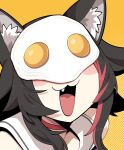  1girl :3 :d absurdres animal_ear_fluff black_hair blush close-up cocomayo29_(tomato) commentary_request covered_eyes fang food food_on_head fried_egg highres hololive korean_commentary long_hair multicolored_hair object_on_head ookami_mio orange_background parody photo-referenced redhead smile solo streaked_hair tail virtual_youtuber wolf_girl wolf_tail 