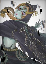  1girl aqua_skin black_cloak cloak colored_sclera commentary_request eyeshadow glitch highres hood hooded_cloak makeup midna midna_(true) open_mouth orange_hair purple_eyeshadow red_eyes sibakazaro solo teeth the_legend_of_zelda yellow_sclera 