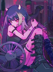  1girl 2023 ayaka_mitarashi bandages black_footwear black_hair black_tank_top blood boots colored_inner_hair demon_horns highres horns multicolored_hair nira-chan red_eyes tank_top thigh_strap tongue tongue_out two-tone_hair wheel white_horns zutto_mayonaka_de_ii_no_ni 