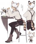  1boy animal_ear_fluff animal_ears ankle_boots belt between_fingers black_gloves black_nails black_pants blue_eyes body_fur boots brown_footwear c: cat_boy cat_ears cat_tail chibi chibi_inset chinese_commentary coin collared_shirt commentary_request cropped_legs cup dagger dated drinking_glass elbow_rest facing_away fingerless_gloves fish7163 from_side full_body furry furry_male gloves highres holding holding_cup knife long_sleeves looking_at_viewer lynx male_focus money multiple_views original pants pawpads sheath sheathed shirt shirt_tucked_in short_hair signature simple_background single_fingerless_glove single_glove sitting slit_pupils smile sparkle spots standing stool suspenders tail tail_through_clothes thigh_strap weapon white_background white_hair white_shirt yellow_fur 