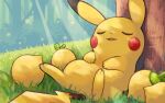  against_tree berry_(pokemon) closed_eyes commentary_request day grass kotone_(kotone11152) light_rays lying no_humans on_back open_mouth outdoors pikachu pokemon pokemon_(creature) sleeping solo tree 
