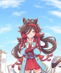  1girl animal_ears antenna_hair armor banner blush closed_eyes closed_mouth clouds commentary_request crossed_arms hair_between_eyes hair_ornament headband highres horse_ears horse_girl horse_tail jacket japanese_armor long_hair low_twintails minmin_(kemomofuri) no_reason_(umamusume) sky solo tail thigh-highs twintails umamusume uniform 