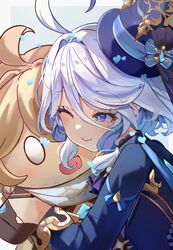  1girl aether_(genshin_impact) ahoge bimmy blue_eyes blue_hair blue_hat blue_jacket character_doll closed_mouth commentary english_commentary furina_(genshin_impact) genshin_impact hat heart highres jacket kodona lolita_fashion long_sleeves one_eye_closed short_hair smile solo symbol-shaped_pupils top_hat white_hair 