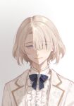  1boy blonde_hair blue_eyes closed_mouth formal freminet_(genshin_impact) genshin_impact hair_over_one_eye male_focus pers_thepenguin short_hair simple_background solo white_background 