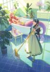  2girls apron bathroom bathtub black_hair candle fins head_fins highres hiko_(scape) long_braid long_hair maid maid_apron maid_headdress mermaid monster_girl mop multiple_girls original partially_submerged plant potted_plant redhead rubber_duck shampoo_bottle tile_floor tiles window 