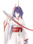  1girl acheron_(honkai:_star_rail) arm_up blood blood_from_eyes closed_mouth detached_sleeves hair_over_one_eye highres holding holding_sword holding_weapon honkai:_star_rail honkai_(series) horns japanese_clothes long_hair purple_hair red_horns red_sash sash single_bare_shoulder solo sword violet_eyes wago_wagoo weapon white_background 