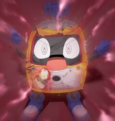  blue_nails brown_background commentary_request full_body heybot! heybot_(character) lets0020 looking_at_viewer no_humans object_through_head open_mouth red_theme ringed_eyes robot screw_in_head shoes solo v-shaped_eyebrows white_eyes 