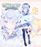  0_0 1girl animal_ears arisugawa_etona beret black_footwear black_thighhighs blue_beret blue_bow blue_hair blue_hat blue_jacket blue_sailor_collar blue_skirt blue_tail blue_thighhighs blunt_bangs blush bow cat cat_ears cat_girl cat_tail character_logo collared_jacket collared_shirt eyes_visible_through_hair fang fish_skeleton_hair_ornament frilled_sailor_collar frills gradient_tail hair_bow hair_over_one_eye hat heart heart_in_eye heterochromia highres indie_virtual_youtuber jacket kotamun letterboxed light_blue_hair light_brown_background loafers long_sleeves looking_at_viewer low_twintails medium_hair multiple_hair_bows neck_ribbon official_art plaid plaid_skirt pleated_skirt pocket_bow puffy_long_sleeves puffy_sleeves red_eyes red_ribbon ribbon sailor_collar second-party_source shirt shoes skin_fang skirt smile sparkling_eyes symbol_in_eye tail thigh-highs twintails tyler_(arisugawa_etona) unmoving_pattern virtual_youtuber waving white_shirt wing_collar zettai_ryouiki zipper_pull_tab zoom_layer 