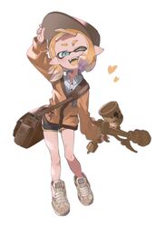  1girl ;d adjusting_clothes adjusting_headwear aerospray_(splatoon) aqua_eyes arm_at_side arm_up bag brown_sweater collared_shirt dolphin_shorts full_body highres holding holding_weapon inkling_girl inkling_player_character kasabo0 one_eye_closed orange_hair shirt shoes shorts shoulder_bag simple_background smile sneakers solo splatoon_(series) straight-on sweater weapon white_background white_shirt wind 