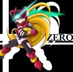  1boy absurdres armor black_background blonde_hair boots character_name commentary energy_sword foot_out_of_frame forehead_jewel glint helmet highres long_hair mega_man_(series) mega_man_zero_(series) meshiuma0x red_armor red_footwear red_helmet solo sword symbol-only_commentary twitter_username weapon z_saber zero(z)_(mega_man) zero_(mega_man) 