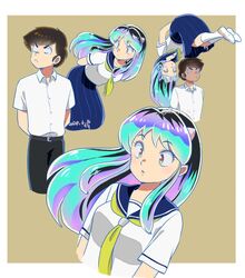  01angelegg 1boy 1girl arms_behind_back black_hair black_pants blue_hair blue_sailor_collar blue_skirt border brown_background cone_horns dated floating gradient_hair horns long_hair looking_at_another lum moroboshi_ataru multicolored_hair multiple_views neckerchief outside_border pants pleated_skirt pointy_ears sailor_collar school_uniform shirt short_hair sidelocks signature simple_background skirt urusei_yatsura white_border white_shirt yellow_neckerchief 