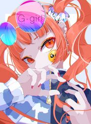  1girl absurdres english_text eyewear_on_head fingernails goma_irasuto highres long_hair looking_at_viewer nail_polish orange_eyes orange_hair orange_theme original pink_nails solo sticker sticker_on_face sunglasses twintails 