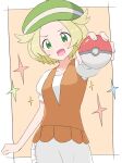  1girl :d absurdres beret bianca_(pokemon) blonde_hair blush border commentary_request dress eyelashes green_eyes green_hat hat highres holding holding_poke_ball open_mouth orange_vest outstretched_arm poke_ball poke_ball_(basic) pokemon pokemon_bw samusun short_hair short_sleeves smile solo vest white_border white_dress 