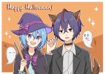  1boy 1girl alternate_costume animal_ears belt_collar biyo black_capelet black_collar black_eyes black_suit blue_eyes blue_hair border bow broom capelet claire_elford collar collared_shirt dark_blue_hair fake_animal_ears fake_tail fang gem ghost grey_shirt hair_between_eyes halloween halloween_costume hand_up happy_halloween hat hat_bow highres holding holding_broom looking_at_viewer multicolored_hair open_mouth orange_background outline paw_pose purple_bow purple_hat redhead shirt short_hair single_hair_tube sparkle streaked_hair striped_bow suit tail teeth upper_teeth_only white_border white_outline white_shirt wilardo_adler witch&#039;s_heart witch_hat zzz 