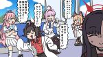  5girls :3 ahoge anger_vein animal_ear_hairband animal_ears black_choker black_hair black_shorts black_skirt black_thighhighs blonde_hair blue_archive blue_necktie blue_sailor_collar blue_sky blunt_bangs bow bowtie braid brown_hair buttons cat_ear_hairband cat_ears choker clenched_hands clenched_teeth closed_eyes closed_mouth clouds coat collared_shirt commentary_request crossed_arms day demon_horns double-breasted duwaa!_sen_nana-hyaku!!_(meme) facing_viewer fake_animal_ears fang floating_hair forced_smile game_no_card_otoshichatta_(meme) gloom_(expression) gloves green_eyes grimace hair_bow hair_intakes hairband halo hanako_(blue_archive) hand_up highres horns ichika_(blue_archive) jacket kasumi_(blue_archive) kaya_(blue_archive) kneehighs kneeling lab_coat long_hair long_sleeves looking_at_another looking_to_the_side meme momoi_(blue_archive) multiple_girls necktie on_floor open_clothes open_coat open_mouth pink_bow pink_bowtie pink_hair pleated_skirt red_shirt running sailor_collar school_uniform sei_no_yorokobi_oji-san_(meme) serafuku shirt short_hair short_hair_with_long_locks shorts shouting side_braid sidelocks sitting skirt sky sleeves_past_fingers sleeves_past_wrists small_sweatdrop socks sono_kokoro_waratteru_ne_(meme) speech_bubble tearing_up teeth thigh-highs train_interior translation_request v-shaped_eyebrows washin white_bow white_coat white_gloves white_jacket white_serafuku white_skirt white_socks wide_oval_eyes 