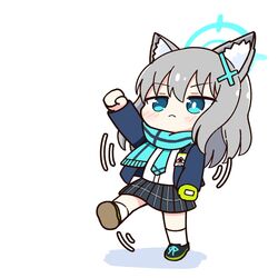  1girl :&lt; achilles_(yosshyachillesd) animal_ear_fluff animal_ears aqua_halo aqua_ribbon aqua_scarf arm_up black_footwear blue_archive blue_eyes blue_jacket cat_ears chibi chibi_only clenched_hand closed_eyes closed_mouth commentary_request cross_hair_ornament footwear_ribbon grey_hair grey_skirt hair_ornament halo highres jacket leg_up long_sleeves looking_up open_clothes open_jacket plaid_clothes plaid_skirt ribbon scarf shiroko_(blue_archive) shirt short_hair simple_background skirt socks solo v-shaped_eyebrows white_background white_shirt white_socks 