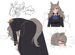  &gt;_&lt; 1girl angry animal_ears arms_up ascot bent_over black_coat blue_ascot blue_eyes buttons clenched_hands coat commentary_request double-breasted earrings english_text epaulettes fukuro_(maruaru00) gem highres horse_ears horse_girl horse_tail jewelry light_brown_hair long_hair military_uniform multiple_views naval_uniform pac-man_eyes perry_steam_(umamusume) red_gemstone silhouette single_earring speech_bubble tail umamusume umamusume:_beginning_of_a_new_era uniform visible_air 