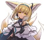  1girl animal_ears arknights bare_shoulders blonde_hair blue_hairband braid braided_hair_rings frilled_sleeves frills hairband infection_monitor_(arknights) material_growth multiple_tails no_pupils oripathy_lesion_(arknights) ovolo123 shirt short_hair simple_background sketch smile solo strap suzuran_(arknights) tail tail_raised twitter_username upper_body watermark white_background white_shirt yellow_eyes yellow_tail 