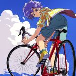  1990s_(style) 1girl androgynous aqua_shorts aqua_socks bicycle blue_sky brown_eyes closed_mouth clouds collared_jacket curtained_hair day denim denim_shorts floating_clothes from_behind highres jacket knee_up leaf_print leaning leaning_forward light_frown looking_back open_clothes open_jacket original outdoors perspective pocket purple_trim raised_eyebrows retro_artstyle riding riding_bicycle shoe_soles short-sleeved_jacket short_hair short_sleeves shorts sky socks solo sunlight tomboy yellow_footwear yellow_jacket yo-co 