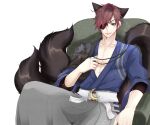  1boy abs absurdres animal_ears armchair blue_eyes blue_shirt brown_hair chair commentary_request date_masamune_(sengoku_basara) eyepatch feet_out_of_frame grey_pants hair_between_eyes hakama hakama_pants highres japanese_clothes lanmei_jiang long_bangs looking_at_viewer male_focus multiple_tails open_mouth pants sengoku_basara shirt short_hair short_sleeves simple_background sitting smile solo tail textless_version toned toned_male white_background wolf_boy wolf_ears wolf_tail 