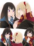  2girls black_hair black_robe blonde_hair blue_necktie blush closed_mouth commentary_request hair_ribbon hand_on_another&#039;s_face harry_potter_(series) highres inoue_takina long_hair lycoris_recoil medium_hair multiple_girls necktie nishikigi_chisato one_side_up open_mouth parted_lips red_eyes red_ribbon red_scarf ribbon robe scarf shiratama_draw simple_background smile violet_eyes white_background wizarding_world yuri 