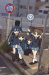  3girls absurdres arms_at_sides black_hair black_socks blazer blue_skirt brown_eyes brown_hair buttons chain-link_fence fence high_school_girls_posing_for_google_street_view_(meme) highres hirasawa_ui jacket k-on! knee_up long_hair meme multiple_girls nakano_azusa open_mouth outstretched_arm outstretched_arms oyasuminaseu photo-referenced photo_background pleated_skirt ponytail red_ribbon ribbon road_sign sakuragaoka_high_school_uniform school_uniform short_twintails sidewalk sign skirt socks suzuki_jun twintails white_socks winter_uniform 