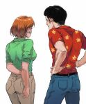  1boy 1girl arms_behind_back black_hair blue_pants borderline7839 brown_pants earrings family_guy from_behind glenn_quagmire green_shirt highres jewelry lois_griffin orange_hair pants red_shirt shirt short_hair simple_background white_background 