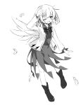  1girl absurdres blush bow bowtie brooch commentary dress falling_feathers feathered_wings feathers greyscale highres jacket jewelry kishin_sagume long_sleeves looking_at_viewer monochrome one_eye_closed open_clothes open_jacket open_mouth single_wing smile solo touhou tsuukinkaisoku_oomiya wings 