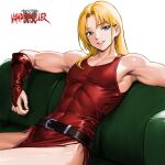  1boy bare_shoulders belt belt_buckle black_belt blonde_hair blue_eyes bridal_gauntlets buckle castlevania:_bloodlines castlevania_(series) copyright_name couch covered_abs eric_lecarde grin hair_intakes highres long_hair minamoto80486 on_couch pectoral_cleavage pectorals ringed_eyes simple_background sitting smile solo white_background 