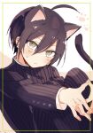  1boy 4_(nakajima4423) ahoge animal_ears black_hair black_jacket black_pants buttons cat_ears cat_tail closed_mouth collared_jacket commentary_request cowboy_shot danganronpa_(series) danganronpa_v3:_killing_harmony embarrassed extra_ears fingernails green_eyes hair_between_eyes high_collar hugging_own_legs jacket kemonomimi_mode knees_up layered_sleeves light_blush light_frown long_sleeves looking_at_viewer male_focus orange_background own_hands_together pants paw_print pinstripe_jacket pinstripe_pants pinstripe_pattern saihara_shuichi short_hair simple_background sitting solo sweatdrop tail two-tone_background white_background 
