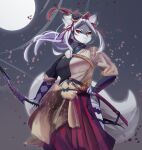  1girl :3 animal_ears black_sclera black_shirt bow_(weapon) breasts brown_shirt closed_mouth colored_sclera commentary_request falling_petals feet_out_of_frame floating_hair full_moon furry furry_female grey_background hair_ribbon hakurou_(onmyoji) hip_vent holding holding_bow_(weapon) holding_weapon katana large_breasts lets0020 long_hair long_skirt looking_at_viewer moon onmyoji orange_eyes parted_bangs petals pleated_skirt red_ribbon red_skirt ribbon sheath sheathed shirt skirt slit_pupils smile solo split-color_clothes sword tail thigh-highs two-tone_shirt vambraces weapon white_hair white_thighhighs wolf_ears wolf_girl wolf_tail 