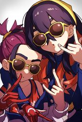  1boy 1girl \m/ black_hair blue_jacket brother_and_sister carmine_(pokemon) crossed_bangs enudesuga gloves hair_between_eyes hairband highres jacket kieran_(pokemon) long_hair long_sleeves off_shoulder open_clothes open_jacket parted_lips partially_fingerless_gloves pokemon pokemon_sv red_gloves redhead siblings simple_background single_glove sunglasses sweat tank_top upper_body white_jacket yellow_hairband 