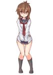  1girl black_socks blue_sailor_collar brown_eyes brown_hair covering_crotch covering_privates folded_ponytail full_body highres inazuma_(kancolle) kantai_collection long_hair long_sleeves looking_at_viewer neckerchief no_pants pepatiku red_neckerchief sailor_collar sailor_shirt shirt shirt_tug simple_background socks solo white_background 