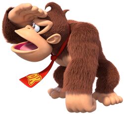  1boy 3d animal_feet arm_up body_fur brown_eyes brown_fur character_name clothes_writing donkey_kong donkey_kong_(series) feet full_body furry furry_male hand_on_ground leaning_forward looking_to_the_side male_focus monkey_boy muscular muscular_male necktie official_art open_mouth pectorals profile red_necktie shading_eyes simple_background solo standing third-party_source tongue transparent_background 