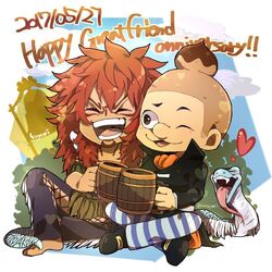  2boys :d anniversary ascot calgara character_request cross-laced_clothes cross-laced_legwear dark-skinned_male dark_skin dated deformed facial_hair full_body goatee happy long_hair male_focus montblanc_noland multiple_boys one_eye_closed one_piece ovasayuri redhead short_hair sitting smile snake toasting_(gesture) tribal 