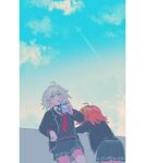  2girls ahoge aircraft airplane armrest black_choker black_jacket blazer blue_sky choker clouds collared_shirt contrail earrings fate/grand_order fate_(series) food from_behind fujimaru_ritsuka_(female) grey_skirt grey_sweater hair_ornament hair_scrunchie highres holding holding_food jacket jeanne_d&#039;arc_alter_(fate) jewelry lapels long_sleeves milk_carton multiple_girls necktie notched_lapels official_alternate_costume one_side_up oneroom-disco open_clothes open_jacket orange_hair outdoors pillarboxed pleated_skirt red_necktie school_uniform scrunchie shirt short_hair skirt sky stud_earrings sweater v-neck white_hair white_shirt yellow_eyes yellow_scrunchie 