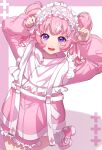  1girl alternate_costume alternate_hairstyle aozora_himari braid commentary_request cowboy_shot double_bun frilled_jacket frills hair_bun hairband hands_up highres himitsu_no_aipri jacket lolita_hairband long_hair long_sleeves looking_at_viewer moukinui open_mouth pink_background pink_footwear pink_hair pink_jacket pretty_series puffy_long_sleeves puffy_sleeves shoes sleeves_past_wrists smile solo standing standing_on_one_leg tenshi_kaiwai twin_braids violet_eyes white_hairband 