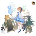  1girl alice_in_wonderland apron arms_behind_back balloon blonde_hair blue_dress blue_eyes bridal_garter cheshire_cat_(alice_in_wonderland) display_case dress flower food frilled_sleeves frills full_body hat head_tilt high_heels highres hina_momo ice_cream key logo long_sleeves looking_at_viewer looking_to_the_side mahjong_soul maid_headdress mary_janes menu_board official_art parfait pink_flower pink_rose plant pocket_watch puffy_long_sleeves puffy_sleeves rabbit rose see-through see-through_sleeves shoes short_hair socks solo standing standing_on_one_leg sundae sweets tachi-e tiered_tray top_hat watch wavy_hair white_apron white_background white_socks yellow_flower yellow_rose 