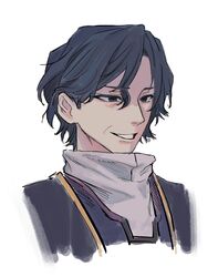  1boy black_eyes black_hair black_jacket commentary_request gigantea_pp gold_trim grin high_collar highres jacket korean_commentary male_focus portrait saibou_shinkyoku shirt short_hair simple_background smile solo utsugi_noriyuki white_background white_shirt 