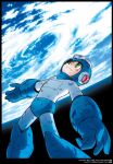  1boy ariga_hitoshi battle_damage blue_bodysuit blue_helmet bodysuit commentary damaged earth_(planet) foot_out_of_frame green_eyes helmet highres looking_up male_focus mega_man_(character) mega_man_(classic) mega_man_(series) official_art planet solo space translation_request 