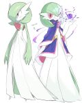  bob_cut colored_skin dress gardevoir gardevoir_(sacred) green_hair hair_over_one_eye highres looking_at_viewer monocle multicolored_skin one_eye_closed pink_eyes pokemon pokemon_(creature) pokemon_unite simple_background sok_(mr14_c) two-tone_skin white_background white_dress white_skin 