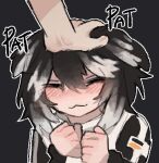  1girl 1other :3 animal_ears black_background black_hair black_sleeves blush closed_eyes closed_mouth devst_er dog_ears hands_up jacket jang_schna long_sleeves lowres medium_hair multicolored_hair petting project_moon simple_background smile streaked_hair virtual_youtuber white_hair white_jacket 