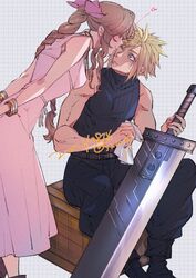  1boy 1girl aerith_gainsborough aqua_eyes arms_behind_back baggy_pants bangle bare_shoulders belt blonde_hair blue_pants blue_shirt boots bracelet braid braided_ponytail breasts brown_belt brown_hair buster_sword choker cloud_strife couple crate dress feet_out_of_frame final_fantasy final_fantasy_vii final_fantasy_vii_rebirth final_fantasy_vii_remake green_eyes hair_ribbon half-closed_eyes hetero highres holding holding_rag holding_sword holding_weapon jewelry kiss kissing_cheek leaning_forward long_dress long_hair medium_breasts multiple_belts one_eye_closed pants pink_dress pink_ribbon ribbon ribbon_choker shirt short_hair sidelocks single_braid sitting sleeveless sleeveless_dress sleeveless_turtleneck spiky_hair sword turtleneck wakakusa-e wavy_hair weapon wide-eyed 