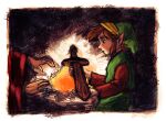  2boys belt black_belt border brown_hair brown_shirt campfire faux_traditional_media from_side green_hat green_tunic hat highres link long_sleeves male_focus multiple_boys old_man_(zelda) parted_lips pointy_ears shirt short_hair signature solo sword the_legend_of_zelda the_legend_of_zelda_(nes) weapon white_border wide_sleeves wooden_sword yasmeen 