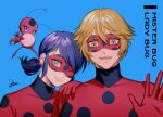  1boy 1girl adrien_agreste blonde_hair blue_background blue_eyes blue_hair bodysuit bug cake closed_mouth food green_eyes hibidaikansya2 ladybug ladybug_(character) looking_at_viewer marinette_dupain-cheng mask miraculous_ladybug misterbug_(character) one_eye_closed open_mouth red_bodysuit red_mask short_twintails simple_background smile superhero_costume tikki_(miraculous_ladybug) twintails upper_body 