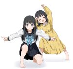  2girls absurdres age_difference akebi-chan_no_serafuku akebi_kao akebi_komichi arms_up barefoot black_hair blue_bow blue_bowtie blue_eyes blue_sailor_collar blue_skirt blunt_ends blush blush_stickers bow bowtie buttons choppy_bangs clenched_hands closed_eyes collared_dress commentary_request dot_nose dragon_ball dress eyelashes facing_viewer fingernails flat_chest frilled_sleeves frills ginyu_force_pose highres index_finger_raised kneeling leaning_to_the_side long_hair long_sleeves looking_at_viewer medium_hair multiple_girls on_one_knee open_mouth outstretched_arms pleated_skirt rauto roubai_academy_school_uniform_(old) sailor_collar school_uniform serafuku shirt siblings simple_background sisters skirt smile standing straight_hair thighs tiptoes toenails white_background white_shirt yellow_dress 