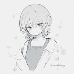 1girl breasts camisole character_name closed_mouth coat collarbone cropped_torso greyscale hair_between_eyes highres light_blush looking_at_viewer medium_breasts monochrome myo_sotis nkshoujo off_shoulder petals smile solo twitter_username virtual_youtuber yorunogumo 
