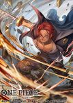 1boy beard cape commentary_request electricity facial_hair floating_clothes holding holding_sword holding_weapon leg_hair light_smile male_focus official_art one_piece one_piece_card_game pebble phima redhead scar scar_on_face shanks_(one_piece) short_hair slashing solo sword weapon 